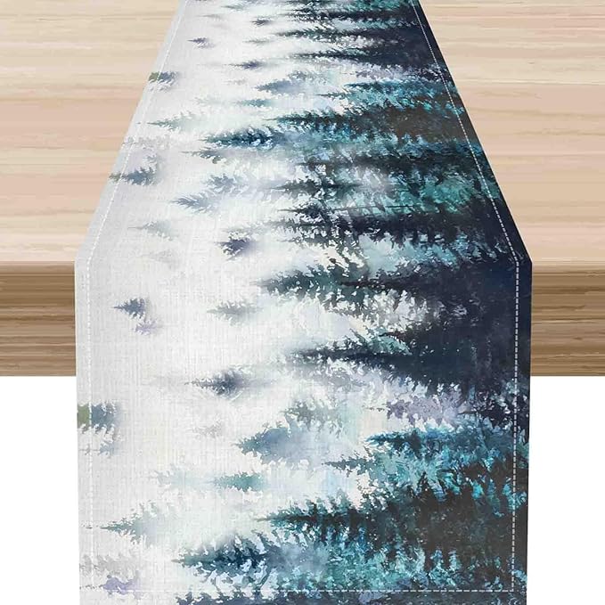Green Forest Table Runner, Rustic Farmhouse Green Pine Tree Woodland Seasonal Mountain Country Coffee Table Center Decor for Home Kitchen Dining Patio Holiday Party Table Decorations, 13"x108" Inch