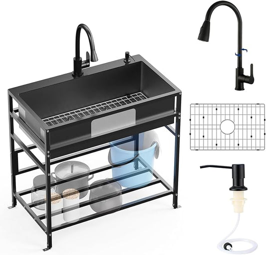 Black 33x19 Inch Freestanding Utility Sink-Stainless Steel Laundry Sink Practicality With Accessories Black Stainless Faucet,Soap Dispenser, SS Sink Grid For Laundry,Garage,Outdoor Kitchen,Garden...