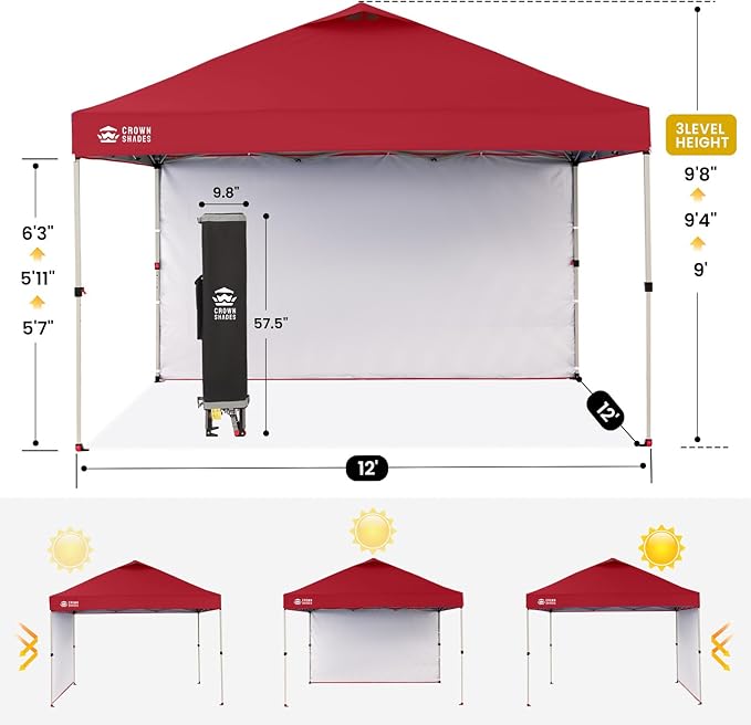 CROWN SHADES 12x12 Pop Up Canopy Tent Instant Commercial with 150D Silver Coated Fabric Including 1 Removable Sidewall, 4 Ropes, 8 Stakes, Weight Bags, STO 'N Go Bag, Red