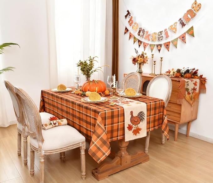 Gingham Tablecloth Fabric - Oblong 58x120 Water Resistant Autumn Plaid Table Cloth for Indoor/Outdoor Use - Fall Tabletop Cover for Halloween, Picnics, Gardens, and Thanksgiving Day