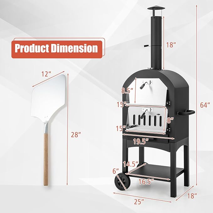Giantex Wood Fired Pizza Oven with Pizza Stone, Peel, Waterproof Cover, Cooking Grids, Wheels for Outside Camping, Outdoor Backyard Party (64 Inch)
