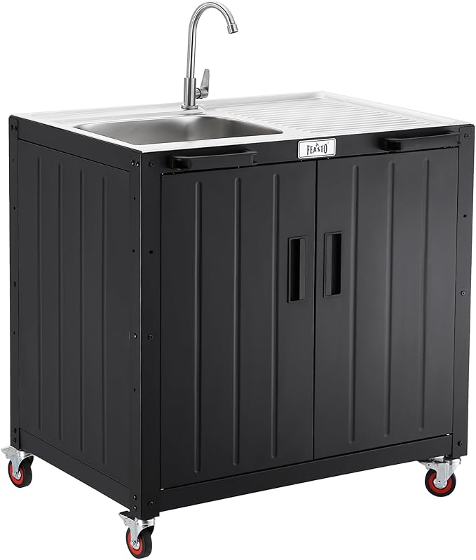 Freestanding Grill Cart with Sink and Cabinet, Movable Outdoor Cart Table with 304 Stainless Steel Sink, Outdoor Grill Cart, Outdoor Grill Station with Wheels, L35.4 x W24