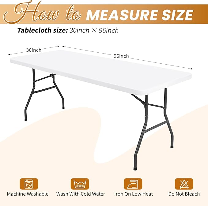 10 Pack Stretch Fabric Table Top Cap Cover, fits 8Ft Tables, Spandex Table Covers Washable Elastic Universal Rectangle Tablecloth Protector for Indoor Outdoor Party Picnic Wedding, White,30" W x 96" L