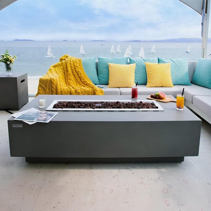 Elementi Granville Fire Pit Outdoor Firepit Set Includes 60” Propane Concrete Firepit Table, Glass Windscreen, Stainless Steel Cover, Tank & Canvas Cover, Floor Mat and Beverage Tub