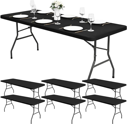 6 Pack Stretch Fabric Table Top Cap Cover, fits 6Ft Tables, Spandex Table Covers Washable Elastic Universal Rectangle Tablecloth Protector for Indoor Outdoor Party Picnic Wedding, Black, 30" W x 72" L