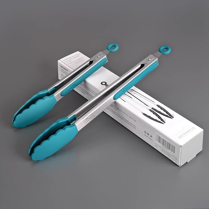 HOTEC Premium Stainless Steel Locking Kitchen Tongs with Silicon Tips, Set of 2-9" and 12", Turquoise