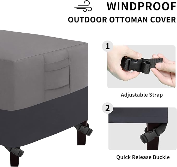 Easy-Going Outdoor Ottoman Cover, Waterproof Patio Ottoman Cover, Heavy Duty Outdoor Furniture Cover with Padded Handles (22"x22"x17", Gray/Dark Gray)