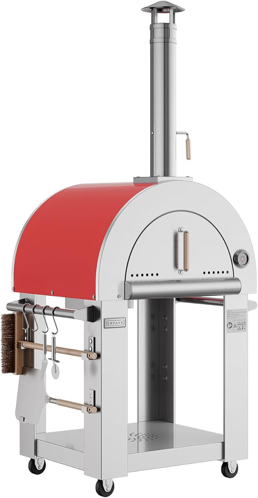 Empava Pizza Oven with Open Shelf and Wheels for Outdoor Kitchen, Wood Fire for Grill & Camping Backyard Party in Stainless Steel, 38.6Inch, Italian Red