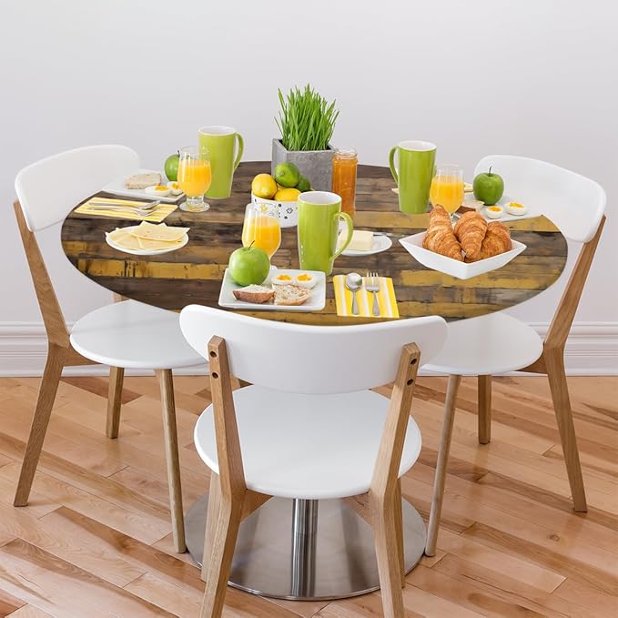 Brown Wooden Planks Retro Round Table Cloth Cover, Elastic Edge Waterproof Wipeable Tablecloths 45"-56" Polyester Tablecloth for Party Restaurant Banquet Holiday Camping Outdoor Picnic