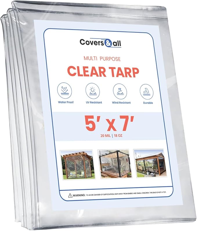 Covers & all Clear Tarp Heavy Duty Waterproof, 20mil Clear Tarp with Grommets, Outdoor Tarp for Patio Covers, Porch Screens, Greenhouses, Chicken Coop (5' H x 7' W Feet), Indoor or Outdoor Use