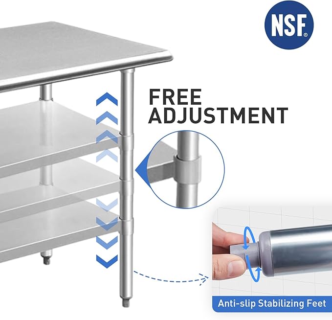 ROCKPOINT Stainless Steel Table for Prep & Work 30x30 Inches, NSF Metal Commercial Kitchen Heavy Duty Table with Adjustable Under Shelf and Table Foot for Restaurant, Home and Hotel