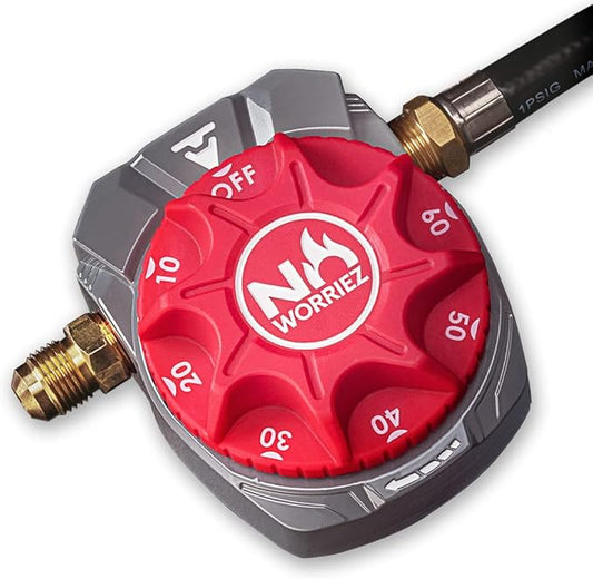 NO WORRIEZ Safety Auto Shut-Off Gas Timer for Propane & Natural Gas | Outdoor Grill, Fire Pit, Pizza Oven | – 100,000 BTU w/ 3/8" Flared Assembly Connector & Hose, Patent Pending