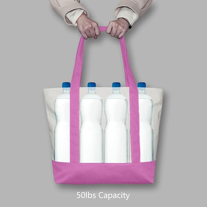 TOPDesign 6-Pack Canvas Tote Bags with an External Pocket, Reusable Grocery Shopping Bags, Top Zipper Closure, Daily Essentials (Light Purple/Natural)