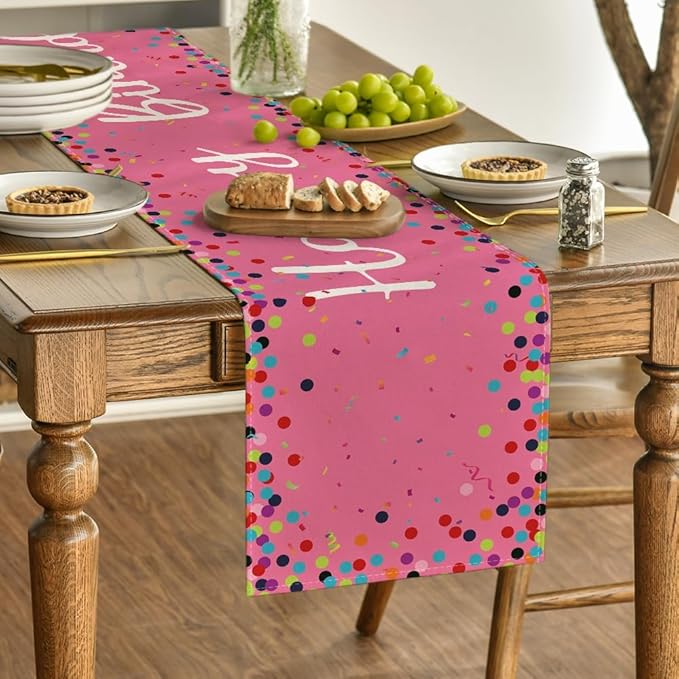 Artoid Mode Polka Dot Pink Happy Birthday Table Runner, Seasonal Kitchen Dining Table Decoration for Home Party Decor 13x72 Inch