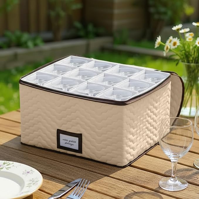 Wine Glass Storage Box with Dividers - Stemware Storage Case, Durable Quilted Microfiber Bin with Carry Handles, Protects Fine China - (2 Pack, Red & White Wine Glass)