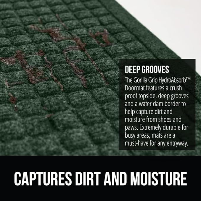 GORILLA GRIP Front Door Mat, 47x35, Indoor Outdoor Ultra Absorbent HydroAbsorb Doormat, Absorbs Up to 6 Cups of Water, Stain and Fade Resistant, Rubber Backing Doormats, Captures Dirt, Green