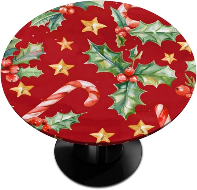 Christmas Ruffle Star Candy Round Table Cloth Cover, Elastic Edge Waterproof Wipeable Tablecloths 45"-56" Polyester Tablecloth for Party Restaurant Banquet Holiday Camping Outdoor Picnic