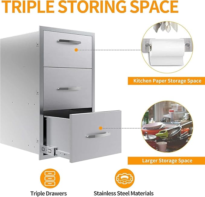 Outdoor Kitchen Drawers, Box Frame Style Flush Mount BBQ Drawer w/Stainless Steel Handle, BBQ Island Drawers For Patio Grill Station,Three Drawers