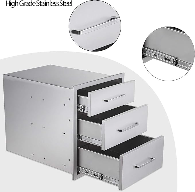Outdoor Kitchen Drawers Stainless Steel 3-Drawer BBQ Drawer 18" W x 21" H x 23" D Enclosed Built-in Drawer Flush Mount for Outdoor Kitchens & BBQ Islands
