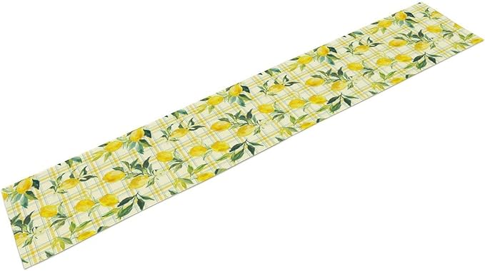 Yellow Plaid Lemon Table Runner Nature Watercolor Plant Countryside Farm Fruit Aesthetic Dining Table Decoration for Home Holiday Party Dresser Kitchen Cabin Restaurant Wedding Decor 13×90in