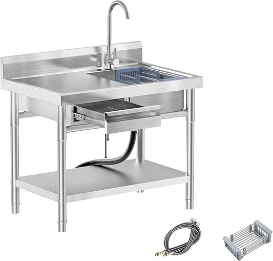Utility Sink, Commercial Kitchen Stainless Steel Sink, 39.5'' Free Standing Single Bowl Sink with Drawer & Cold and Hot Water Pipe for Kitchen Laundry Room Farmhouse Indoor and Outdoor