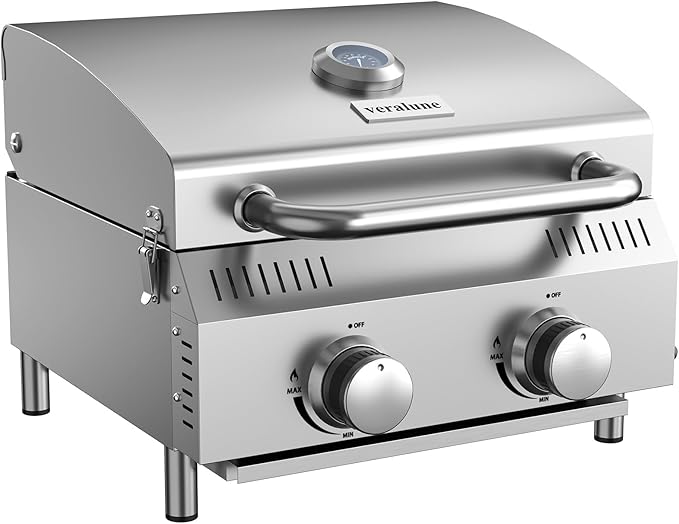 Veralune 2 Burner Tabletop Gas Grill, 20,000 BTUs Stainless Steel Portable Propane Grill with Legs, Built-in Thermometer, Travel Locks for Tailgating, Outdoor, Camping, RV Trips