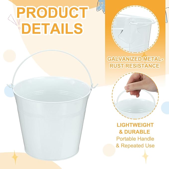 Small Metal Buckets, Mini Buckets with Handle Galvanized Colored Tin Pail Containers Basket Party Supplies - Fit for (Halloween - Classroom Crafts) 6" & 10Pcs & White