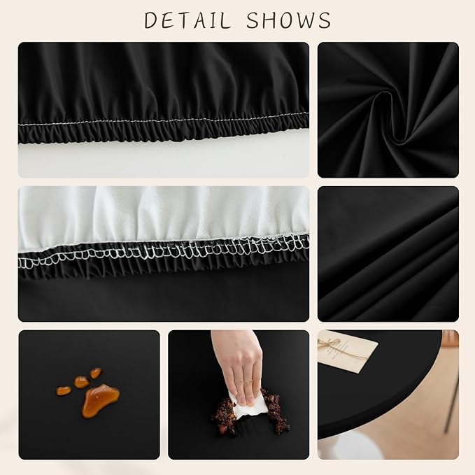 Round Fitted PU Tablecloth with High Elastic Edge 35 Inch Dia Waterproof Oil Proof Table Cloth Anti-Scald Stain-Resistant Wipeable Table Cover for Indoor Outdoor Picnic (Black,35" Dia)