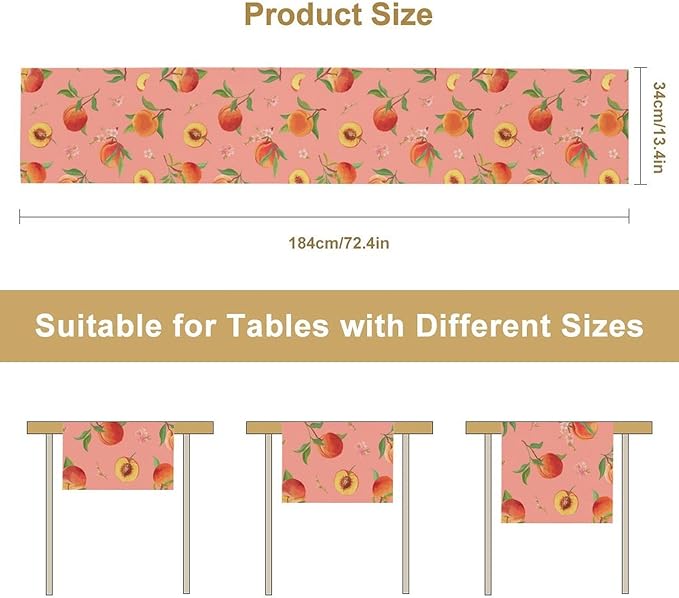 Pink Cute Peach Table Runner, Colorful Summer Fruit Floral Table Runner for Kitchen Dining Party Holiday Home 13x60in