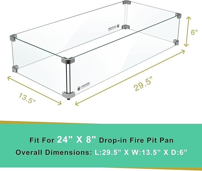 Holy Fire 29.5" L x 13.5" x 6" Rectangle Fire Pit Glass Wind Guard Clear Tempered Glass Flame Protective Pane Wind Resistant - Fits 24”x8 Fire Pit Burner Pan