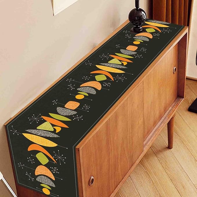 Mid Century Modern Table Runner, Retro 1950s Atomic Modern Abstract Black Orange Coffee Table Center Decor for Home Kitchen Dining Patio Holiday Party Table Decorations, 13"x36" Inch