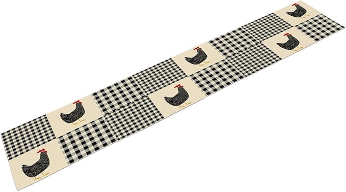 Farm Animal Table Runner, Chicken Hen Black White Buffalo Plaid Check Farmhouse Chick Table Runner for Home Kitchen Holiday Dining Party 13x70in