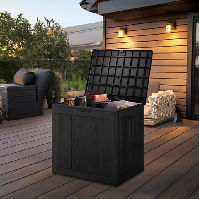 30 Gallon Outdoor Storage Box – Resin Deck Box with Lockable Lid, Waterproof Patio Furniture Storage for Tools, Garden & Yard Organization (Black