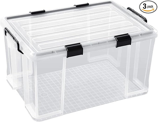3-Pack Waterproof Plastic Storage Box, 90QT/85L Stackable Latch Box Durable Multi-Purpose Locking Bin with Lid and Black Clips for Bedding, Toys, Shoes and Clothes