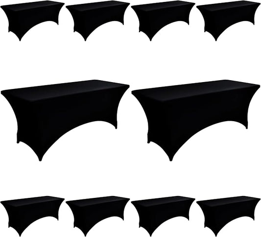 10-Pack 8ft Black Spandex Table Covers for Rectangle Folding Tables - Washable Elastic Tablecloth - Ultimate Fitted Table Protector for Parties, Trade Shows, Banquet, and Wedding