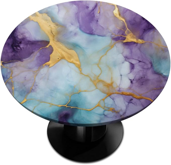 Marble Purple Gold Blue Round Table Cloth Cover, Elastic Edge Waterproof Wipeable Tablecloths 45"-56" Polyester Tablecloth for Party Restaurant Banquet Holiday Camping Outdoor Picnic