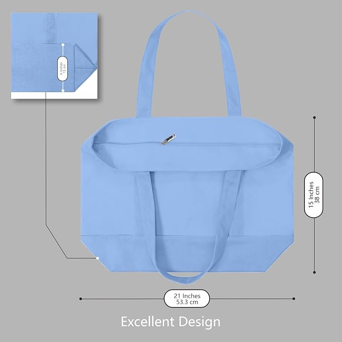 TOPDesign 3-Pack Canvas Tote Bags with an External Pocket, Reusable Grocery Shopping Bags, Top Zipper Closure, Daily Essentials (Light Blue)