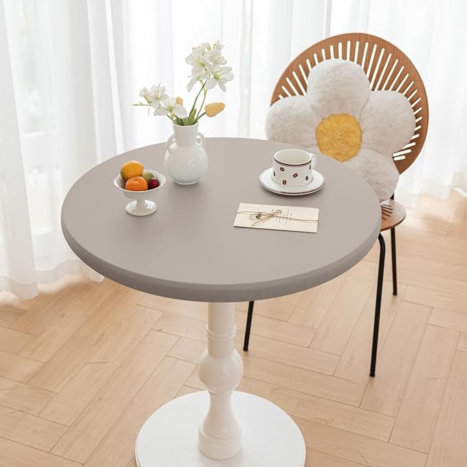 Round Fitted PU Tablecloth with High Elastic Edge 43 Inch Dia Waterproof Oil Proof Table Cloth Anti-Scald Stain-Resistant Wipeable Table Cover for Indoor Outdoor Picnic (Grey,43" Dia)