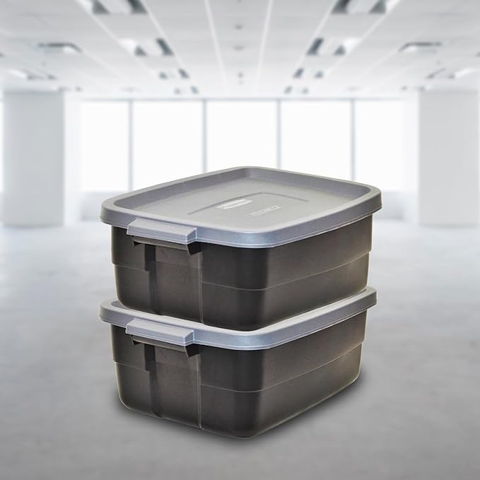 Rubbermaid 6-Pack Totes for Storage with Lids, Heavy Duty Plastic Storage Bins with Lids, Black Gray, 10 GAL - Stackable for Garage, Attic, Camping (10 GAL - 6 Pack Solid Black and Grey)