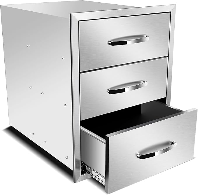 Outdoor Kitchen Drawers, Flush Mount Triple Access BBQ Drawers With Stainless Steel Handle, BBQ Island For BBQ Island Patio Grill Station,Three Drawers