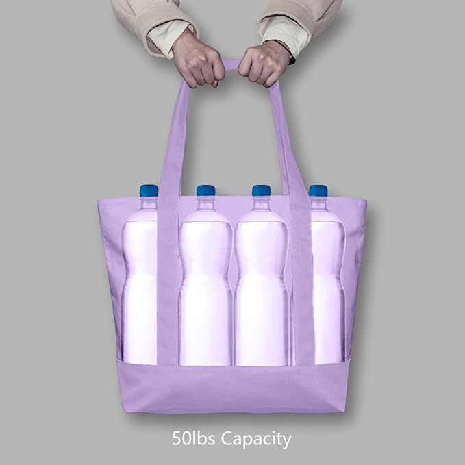 TOPDesign 1-Pack Canvas Tote Bag with an External Pocket, Reusable Grocery Shopping Bag, Top Zipper Closure, Daily Essentials (Lavender)