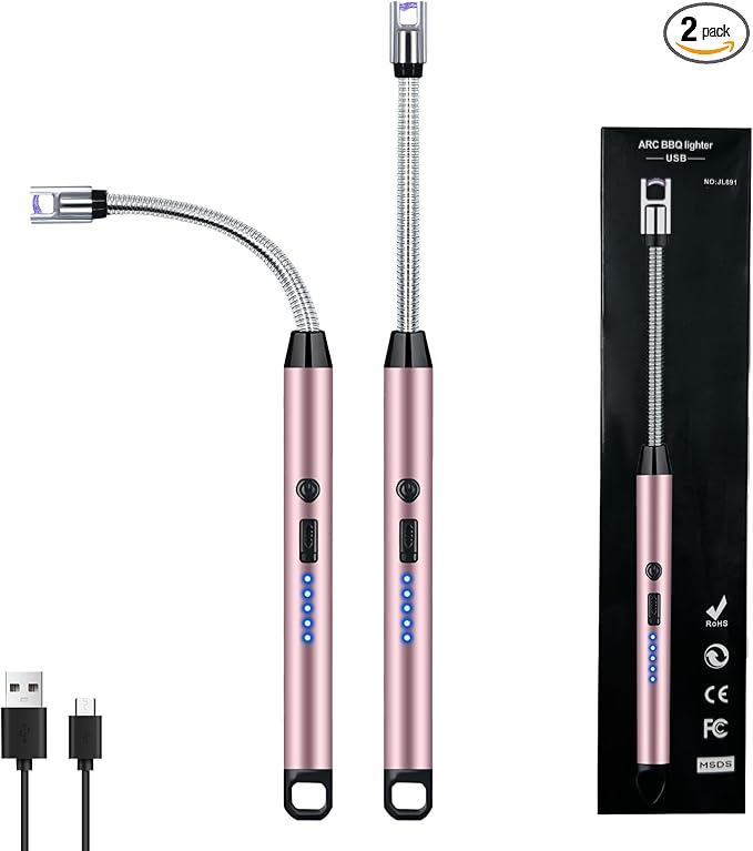 2 PCS Candle Lighter, Electric Lighter Arc Windproof Flameless with 360° Flexible Neck & LED Power Display, Lighters for Candle for BBQ, Grill, Camping, Fireplace, Stove(Pink)