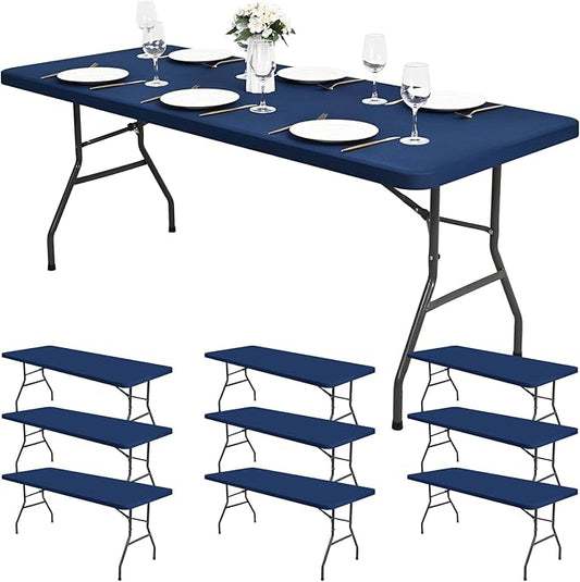 10 Pack Stretch Fabric Table Top Cap Cover, fits 6Ft Tables, Spandex Table Covers Washable Elastic Universal Rectangle Tablecloth Protector for Outdoor Party Picnic Wedding, Navy Blue, 30" W x 72" L