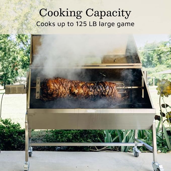 Ash & Ember 25 Watt Stainless Steel BBQ Rotisserie Grill, Rated 125 LB for Medium Game, Hood with Viewing Window, Portable Electric Outdoor Roaster with Dual Prongs, Single Leg Bracket, and Spine Fork