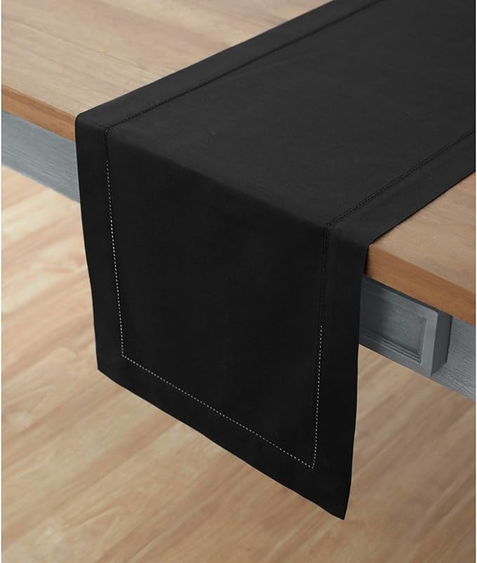 Solino Home Cotton Linen Black Table Runner 120 Inches Long - Hemstitch 14 x 120 Inch Table Runner for Winter, Spring, Easter