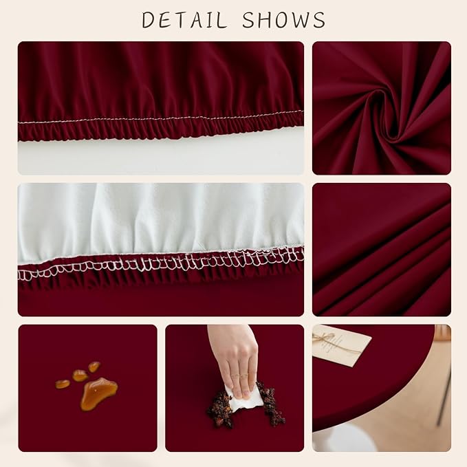 Round Fitted PU Tablecloth with High Elastic Edge 35 Inch Dia Waterproof Oil Proof Table Cloth Anti-Scald Stain-Resistant Wipeable Table Cover for Indoor Outdoor Picnic (Red,35" Dia)