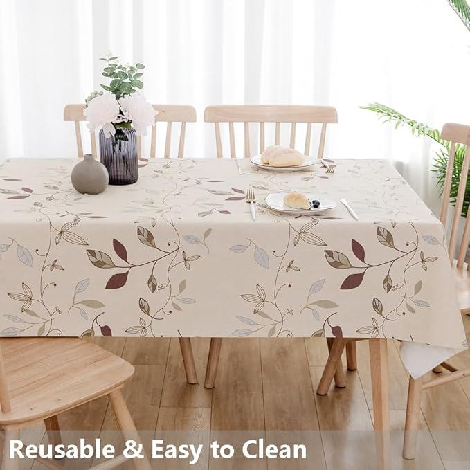 TruDelve Heavy Duty Vinyl Tablecloth Beige Plastic Table Cloth Waterproof Wipeable Oilcloth Table Cloth Rectangle Table (54'' x 78'', Leaves)