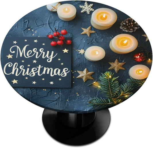 Merry Christmas Candle Star Round Table Cloth Cover, Elastic Edge Waterproof Wipeable Tablecloths 45"-56" Polyester Tablecloth for Party Restaurant Banquet Holiday Camping Outdoor Picnic