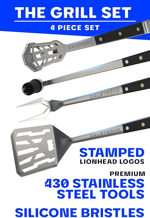 DALSTRONG 4-Piece Professional BBQ Pitmaster Grill Set - Premium High-Carbon Stainless Steel Grilling - 18 inch Length - Silicone Brush, Spatula, Tongs, Fork - G10 Handles