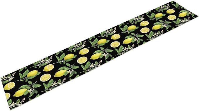 Watercolor Lemon Table Runner, Spring Summer Seasonal Green Leaves Flowers Yellow Fruits Print Table Runner for Farmhouse Kitchen Dining Table Home Party Indoor Decor 13x108in